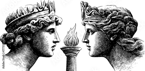 Allegorical figures of fire and water facing each other in vintage engraving for art and design