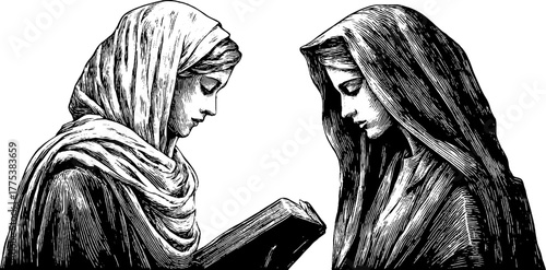 Allegorical figures of knowledge and mystery in vintage engraved style for design