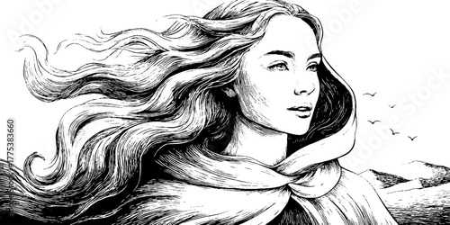 Engraved allegorical figure of the wind with flowing hair - retro illustration design for posters and art