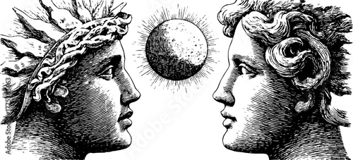 Engraved allegorical figures of night and morning with moon for retro design