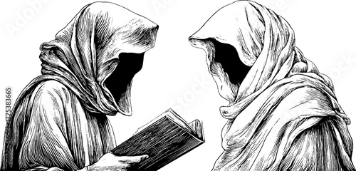 Allegorical figures of knowledge and mystery in vintage engraving for artistic design