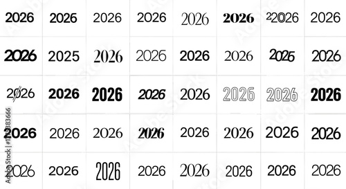 The year 2026 is displayed in various fonts and styles, isolated on a