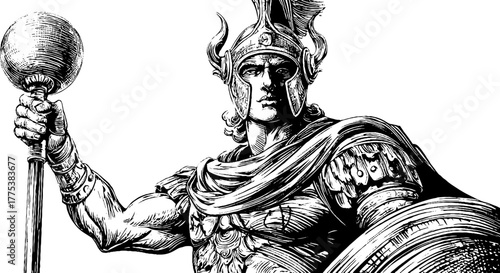 Allegorical representation of mars holding sword in vintage engraved style