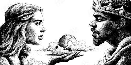 Allegorical woman of knowledge engraving with celestial globe interaction