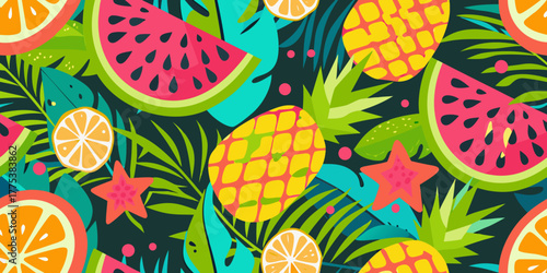 Vibrant tropical fruit and palm leaf seamless pattern with watermelon orange and pineapple