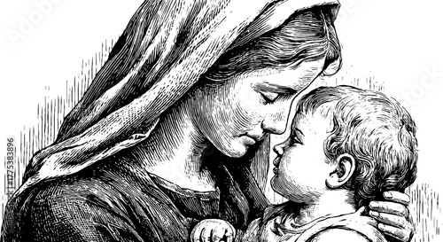 Allegorical representation of charity: engraving of woman embracing child in vintage style