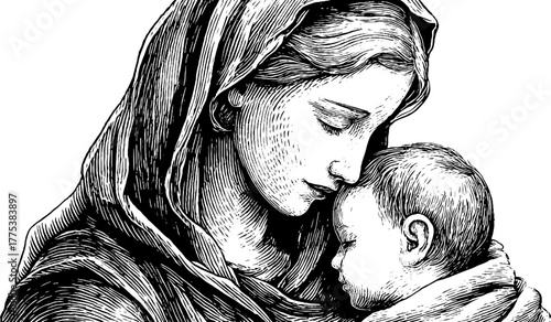 Allegorical representation of charity as a woman embracing a child in vintage engraving style