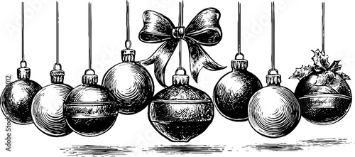 Elegant holiday border with hanging ornaments and ribbons for christmas design