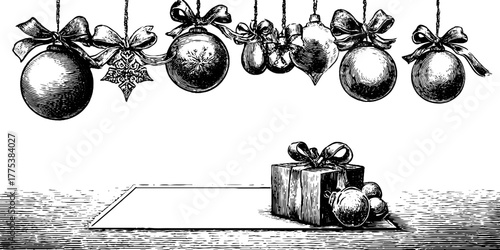 Vintage holiday border with hanging ornaments and ribbons for card design