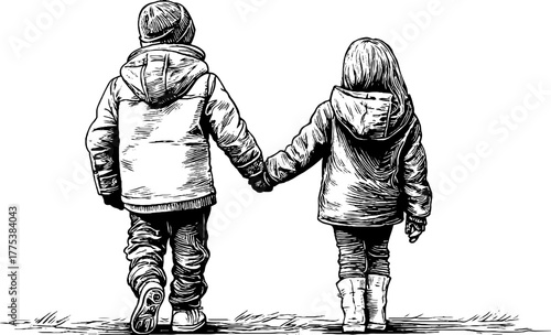 Vintage engraving of a boy holding younger sister's hand in a heartwarming scene