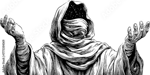 Celestial figure in robe symbolizing stars for vintage design and print