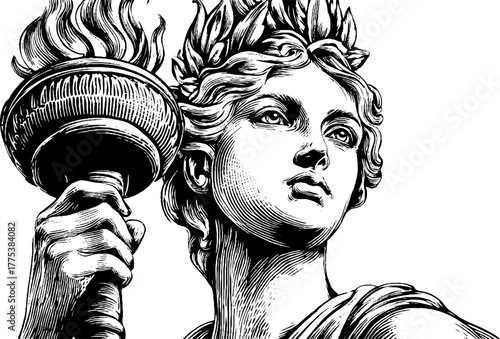 Celestial goddess holding torch in vintage engraving - symbol of light and enlightenment