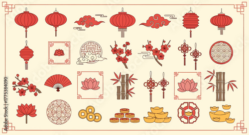 Collection of traditional chinese new year symbols and decorations, including lanterns, flowers, coins, and clouds, in a festive red and gold color palette
