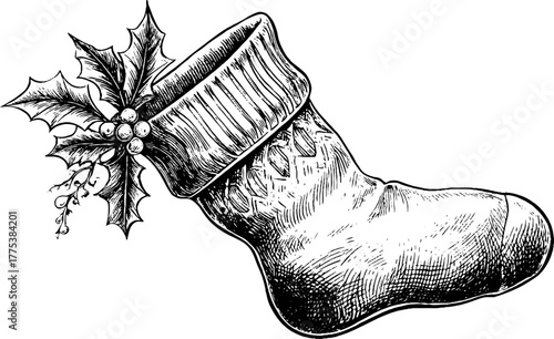 Intricately engraved christmas stocking with knit texture and holly accent for holiday design