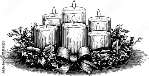 Vintage holiday candle arrangement with holly and ribbons