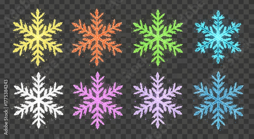 Collection of eight colorful glitter snowflakes, each unique in shape and hue, set against a dark, tiled background
