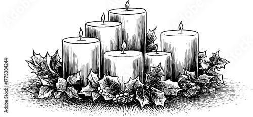 Vintage christmas candle arrangement with holly and ribbons - perfect for holiday cards and decorations