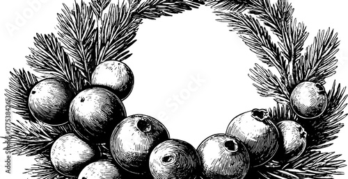 Vintage circular wreath of pine branches and berries for holiday decor