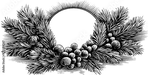 Vintage circular wreath frame with pine branches and berries design for holiday cards