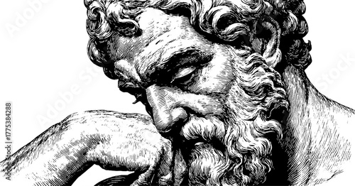 Thoughtful classical philosopher in engraved style design for poster and print