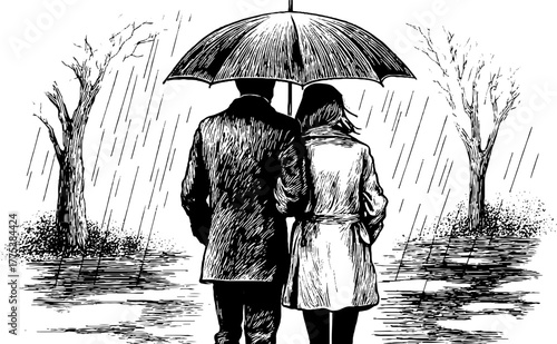 Romantic stroll in the rainy season - vintage engraving of a couple sharing an umbrella