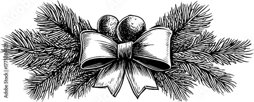 Vintage holiday decorative banner with pine branches, ribbon, and clock - perfect for christmas design