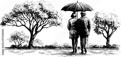 Vintage sketch of a couple walking under an umbrella in a rainy season scene