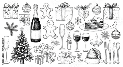 A delightful collection of christmas and new years elements, including gifts, champagne, cake, and festive decorations, isolated on a