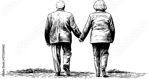 Elderly couple walking hand in hand vintage etching illustration
