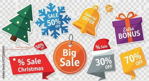 Collection of christmas and sale tags and stickers including a christmas tree, snowflake, gift box, and various discount offers