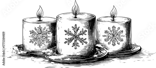 Vintage engraved elegant candle trio with snowflake base - retro holiday design for card or poster