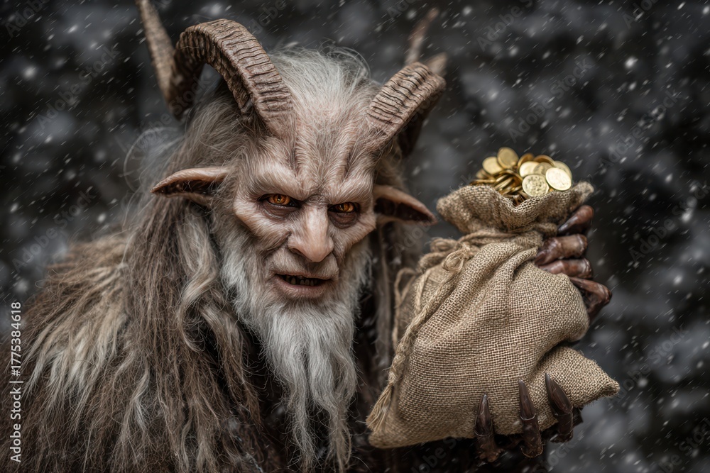 Obraz premium A spooky Krampus demon holding a Santa bag full of gold coins, with glowing eyes, while a stuffed animal is holding a stuffed doll.