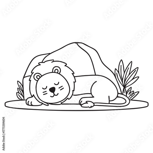 A lion rests near a rock inside the zoo