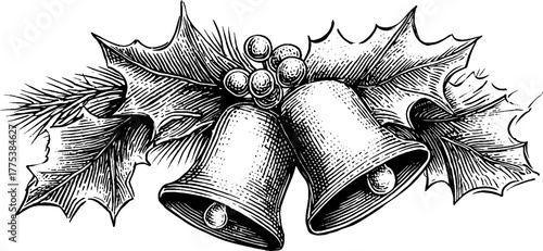 Vintage holiday garland with pine needles, berries, and bells - perfect for christmas card design