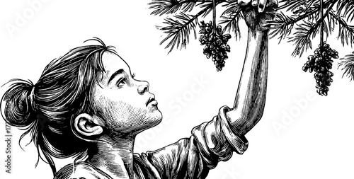 Vintage holiday girl ornament hanging on pine branch - engraved art design for seasonal decor