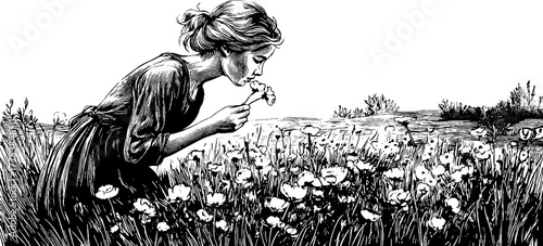 Vintage engraving of girl picking flowers in meadow - hand drawn retro sketch for artistic design