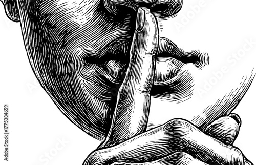 Goddess of silence engraving with finger to lips gesture - vintage design for posters and labels