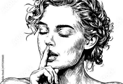 Vintage engraved goddess of silence with finger to lips - hand drawn retro illustration for design