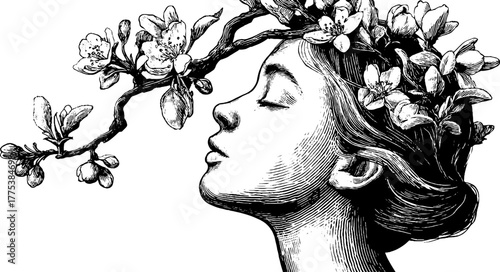 Vintage engraving of goddess of spring with blossoming branch design for artistic decor