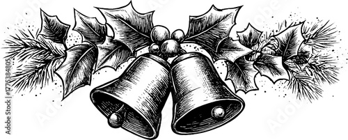 Vintage holiday banner with holly leaves, pine needles, and bells - design for cards or posters