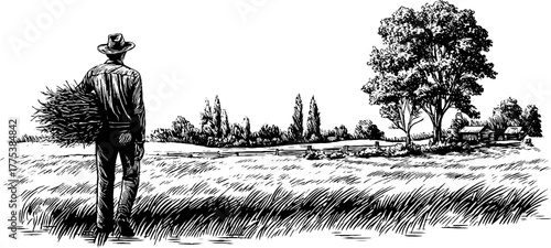 Man walking across rural field carrying firewood bundle in vintage engraving design