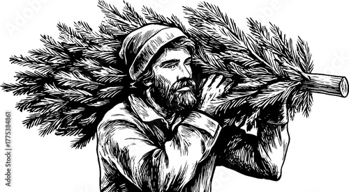 Vintage holiday scene with man carrying fir tree for winter design