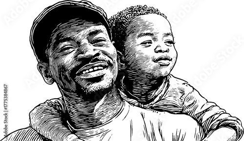 Vintage hand-drawn engraving of man carrying child on shoulders in joyful moment