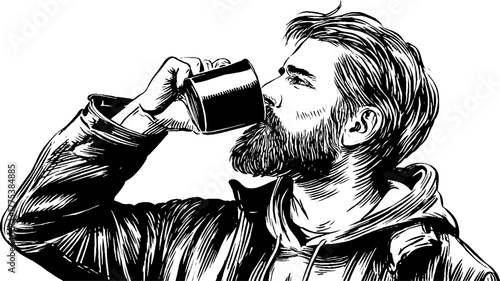 Vintage engraving of man drinking from mug - retro hand-drawn illustration for classic design