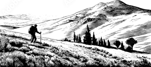 Vintage engraving of man climbing hillside with walking stick in scenic landscape