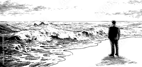 Vintage silhouette of man gazing at sea waves standing on shoreline