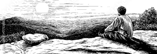 Serene contemplation of a sunset over rolling hills - vintage landscape design for posters