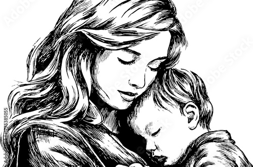 Tender moment of mother holding child in vintage engraving style for design and decor