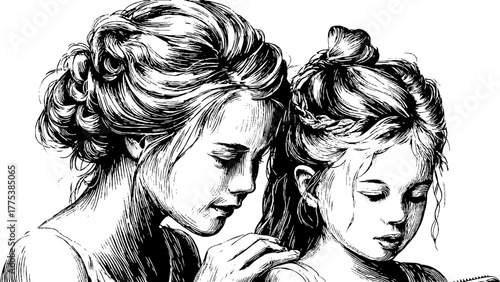 Vintage mother and daughter bonding moment, hand drawn engraving illustration for retro design