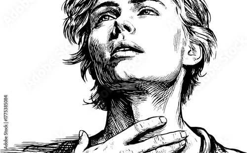 Artistic muse of inspiration with uplifted face and hand for creative design